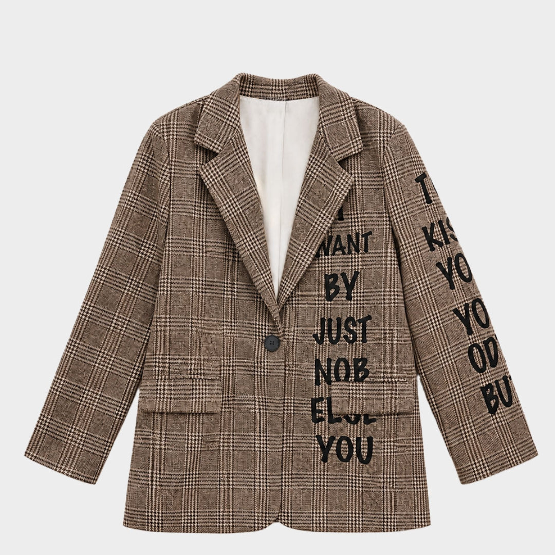Blazer ruitjes tekst bruin - conceptstore Liefs uit Zierikzee
