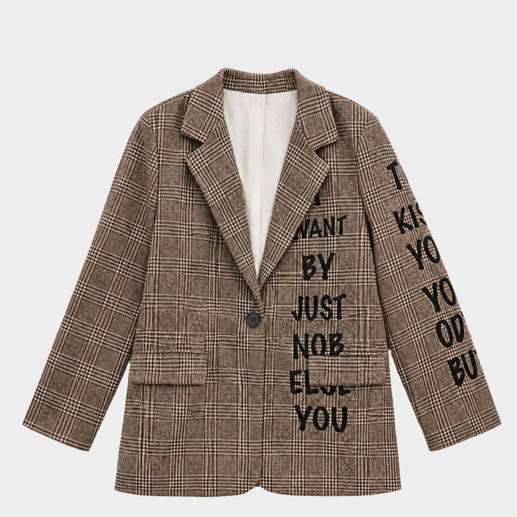 Blazer ruitjes tekst bruin - conceptstore Liefs uit Zierikzee
