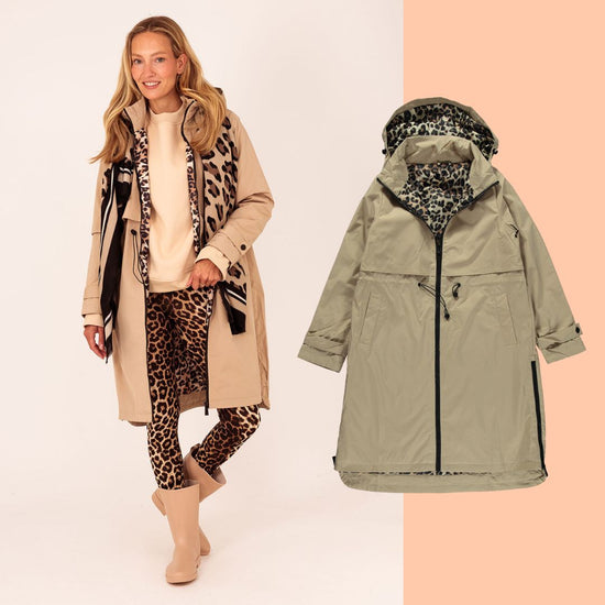 Lange Beige Regenjas met Pantervoering