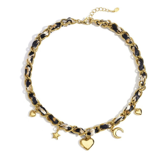 Leopard Ketting met 5 Bedels – Roestvrij Staal | 30–40 cm