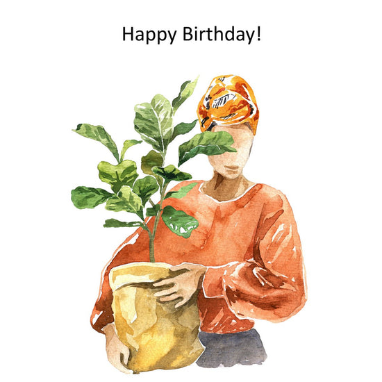 carte joyeux anniversaire dame avec plante